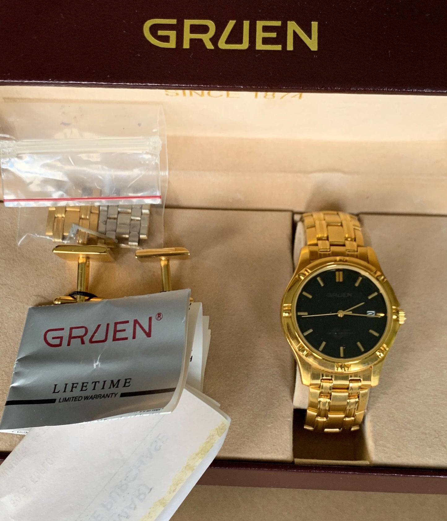 NOS 1990s Gruen Gold Tone Watch with Black Dial & Cufflinks