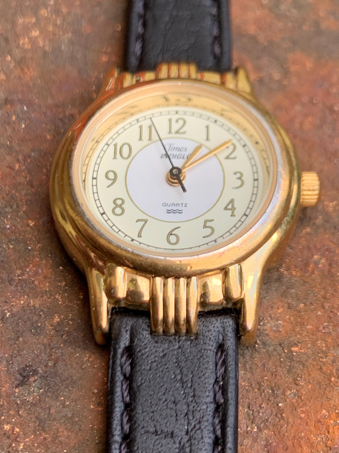 Elegant Timex Indiglo Women's Watch - 1998 Classic Two Tone Dial w/Decorative Gold Tone Fancy Lugs and Bezel. Very Good Condition.