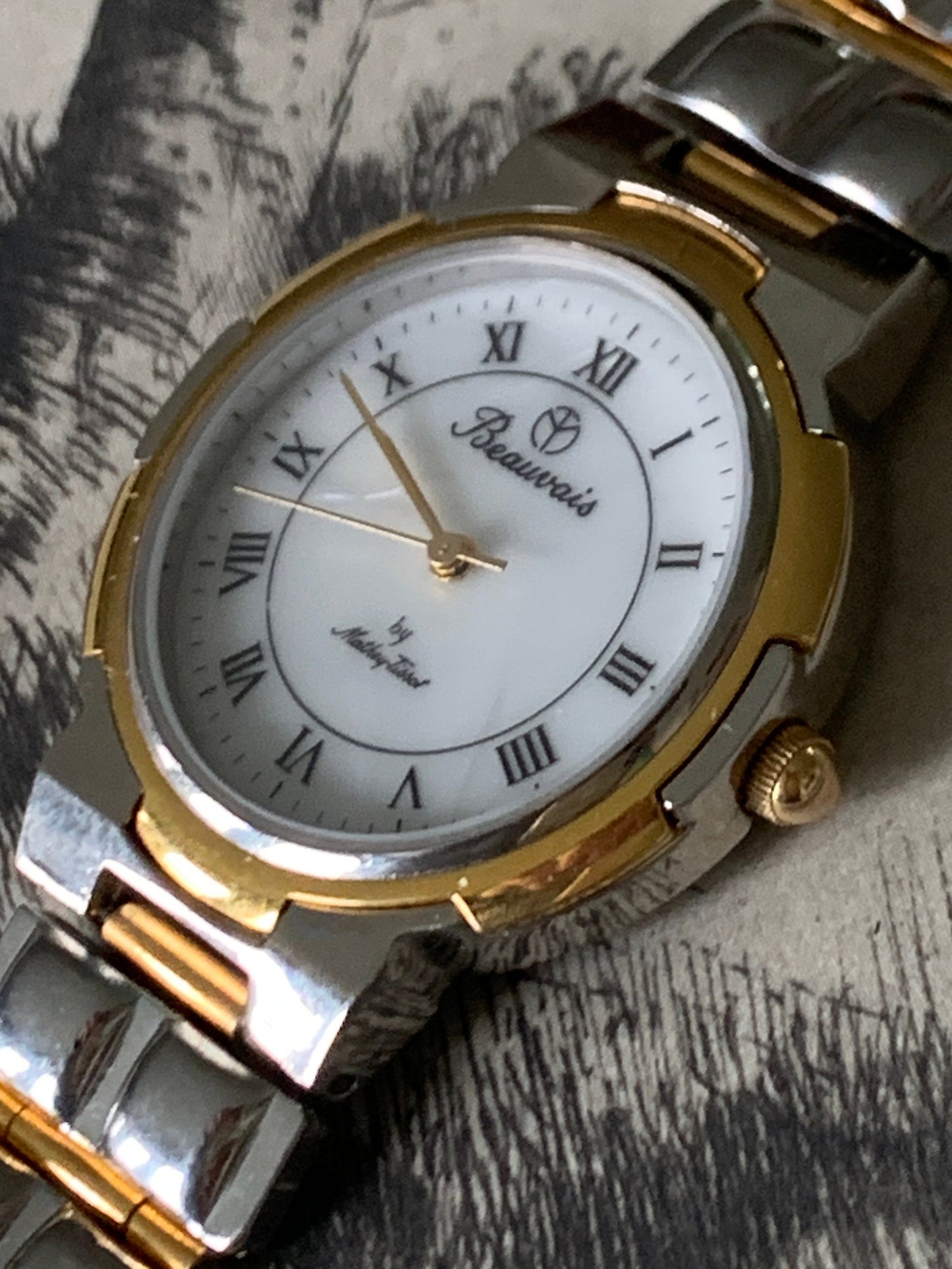 1980s Pearl Dial DuoTone Quartz Watch - Beauvais by Mathey-Tissot - Two Tone Gold & Silver, Roman Numerals, new battery, good condition.