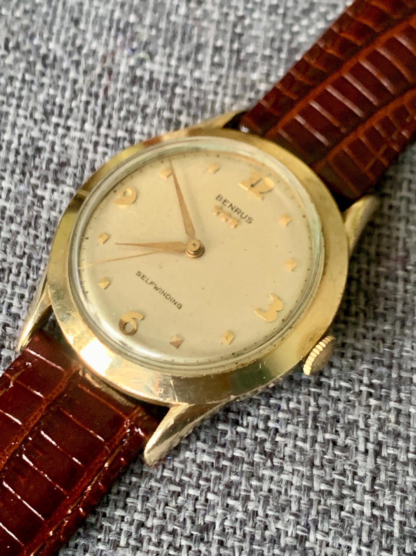 Gold Filled Benrus Three Star Self-winding Automatic Watch. 10K Gold Filled. Good working condition. Nice retro numbers, New Leather Strap.