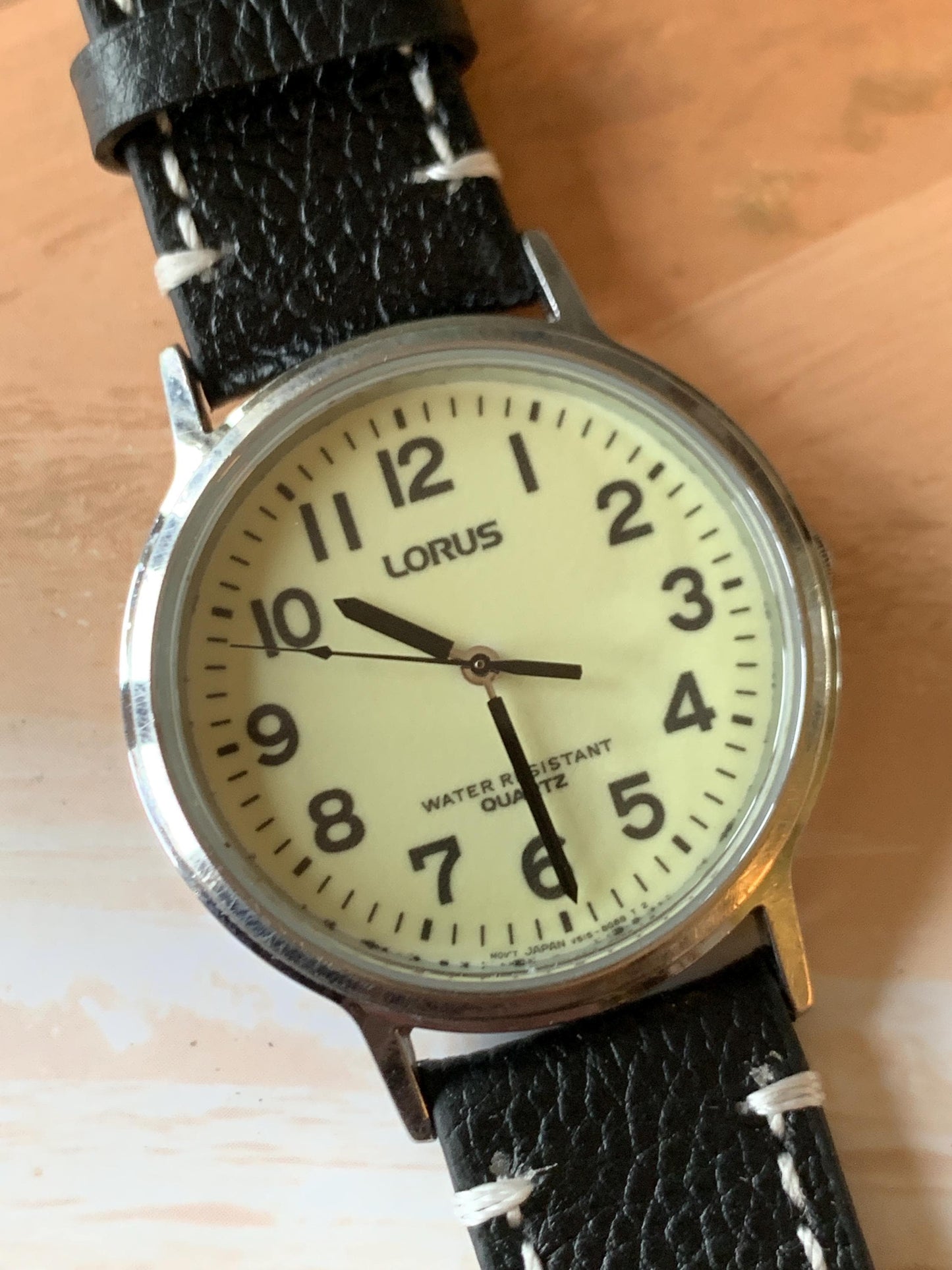 Glow in the Dark Lorus by Seiko Quartz Watch - Silver Tone, Glow in Dark Dial with new black leather Band, New Battery, 1990s, 35mm