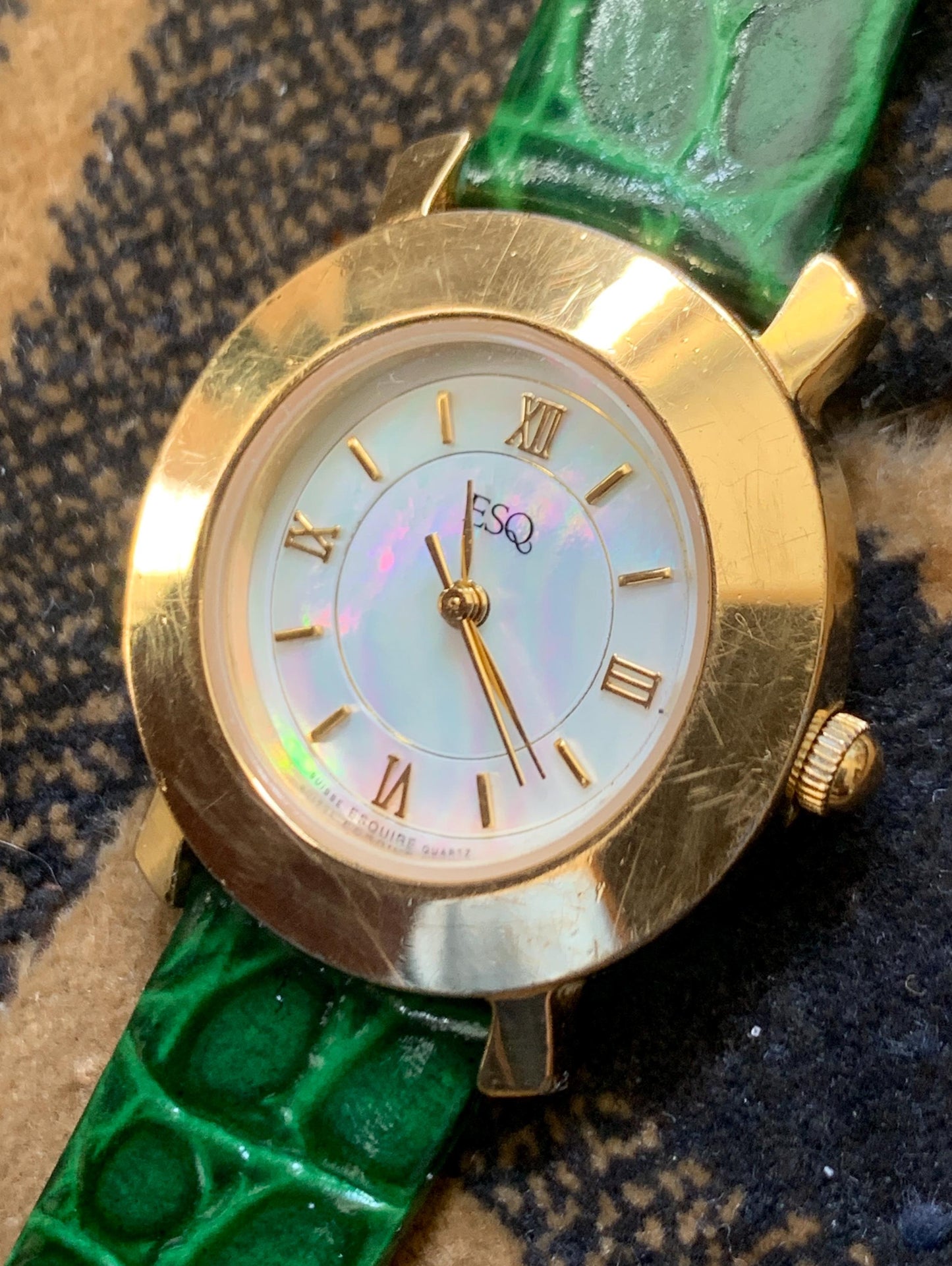 Modernist ESQ (by Movado) Roman Mother of Pearl Dial, Gold Tone Fancy Lugs, 90s, New Crocodile Pattern Green Band. 28mm. Swiss ETA Movement.
