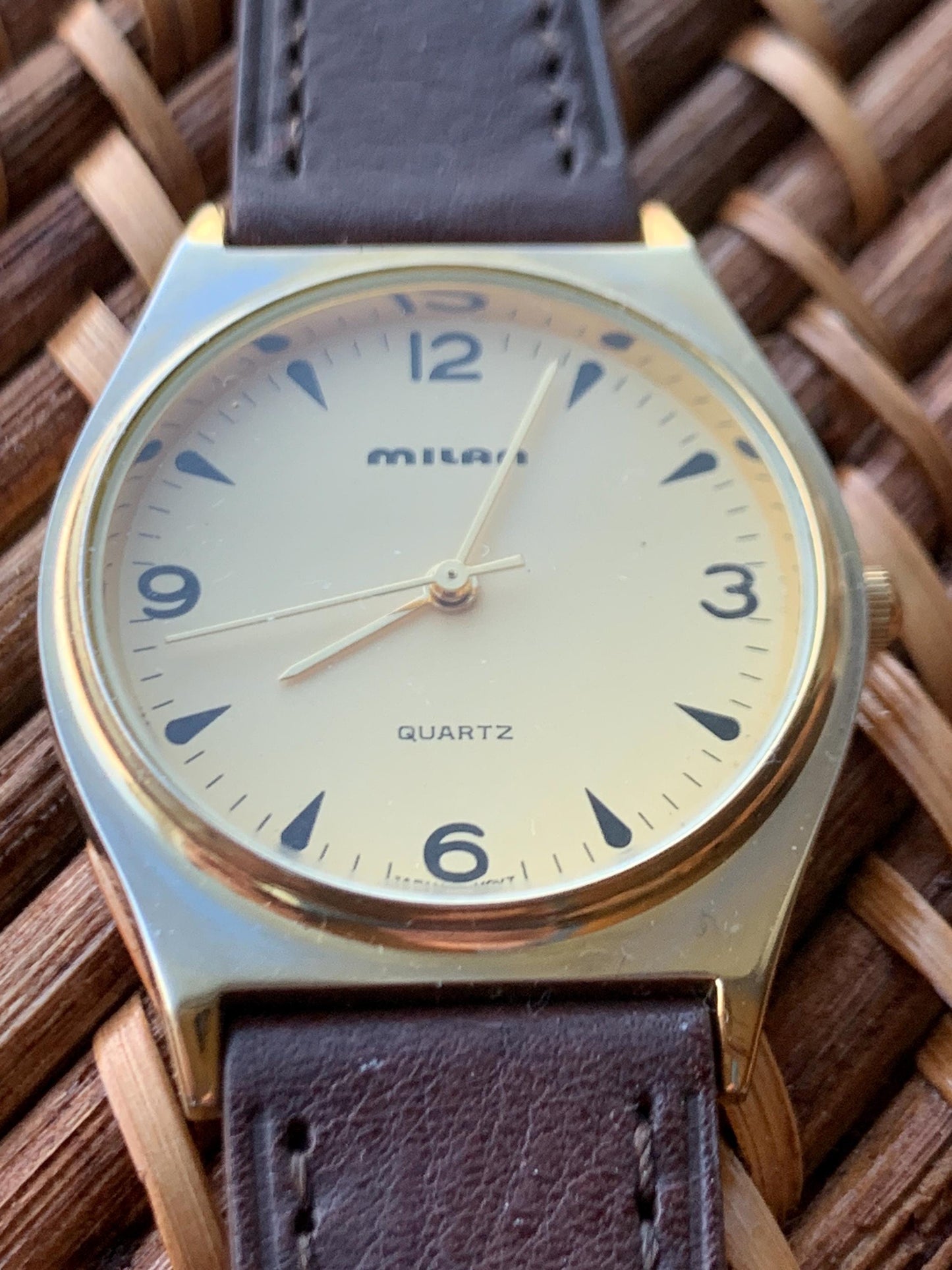 1990s Milan Quartz Watch. Super Shiny Gold tone. Retro Vintage. New Leather Band, Gold Dial. Great Retro Modernist Design, New Battery.
