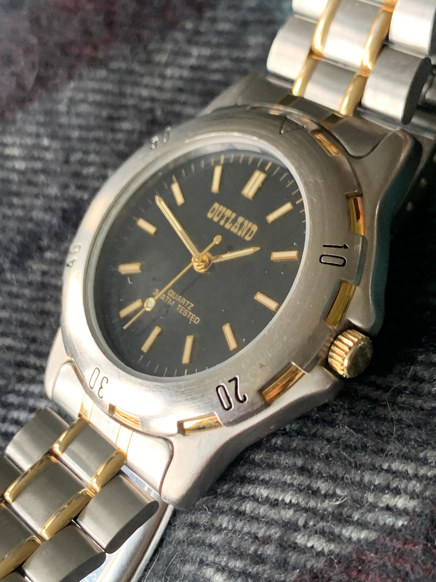 Outland Watch 1990s - Diver Style, Silver tone w/gold tone accents, Black Dial, Good Condition, Good Weight, Works Well. New Battery.