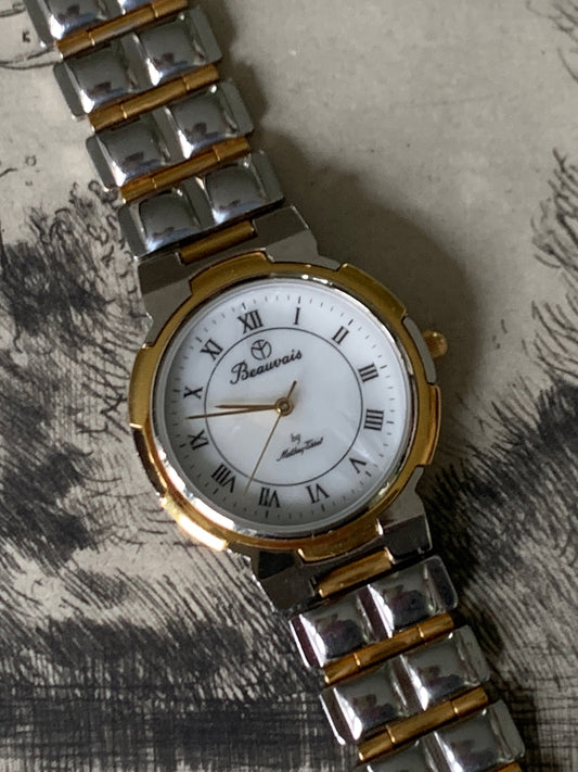 1980s Pearl Dial DuoTone Quartz Watch - Beauvais by Mathey-Tissot - Two Tone Gold & Silver, Roman Numerals, new battery, good condition.