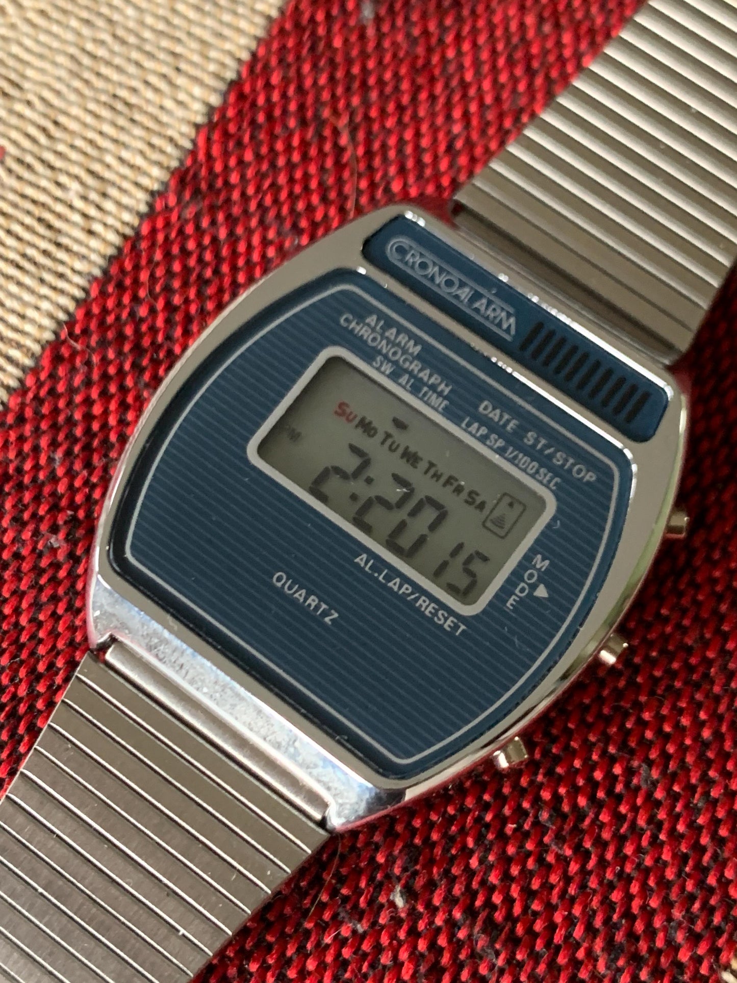 Vintage Cronoalarm Digital Quartz Watch - Pristine Early 1980s Mens LCD. New battery, original adjustable stainless bracelet. Works!