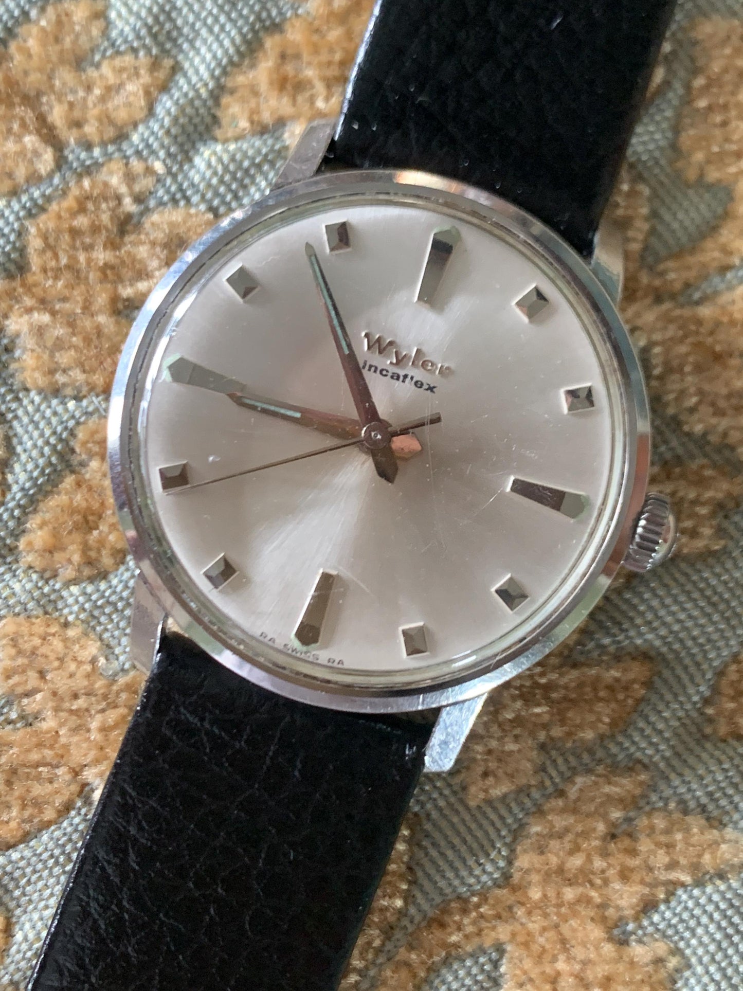 Mid-1960s Wyler Winder Watch - Swiss Made Silver Radiant Dial with New Vintage Style Calf Leather Black Strap. Incaflex. Works. MSM Style!