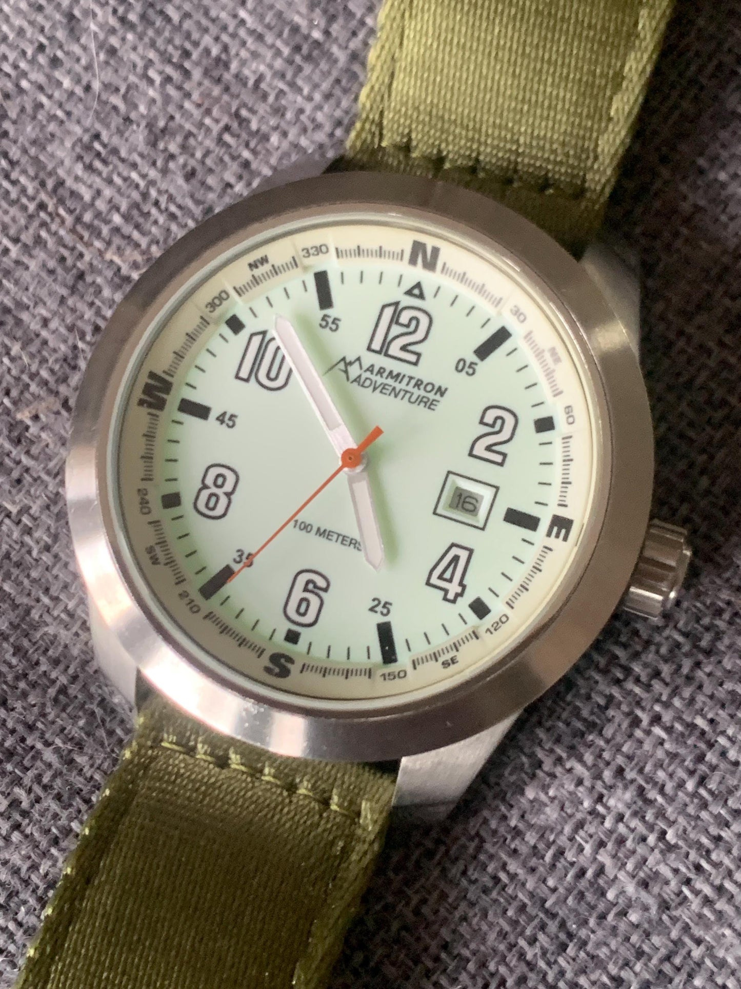 HUGE Armitron Adventure Watch - Brushed Metal, White Glowing Night Dial, 46mm! Date, Works Well, New Green Nylon Strap. New Batt. Outdoorsy