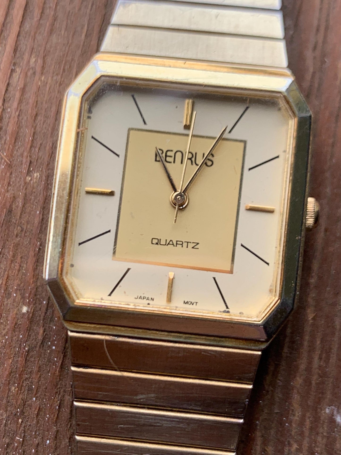 1980s Benrus Quartz Tank Watch - Retro Octagonal Tank Watch with 2-Tone Gold Dial, Gold Case & Integral Original Band. Cool Analog 80s Watch