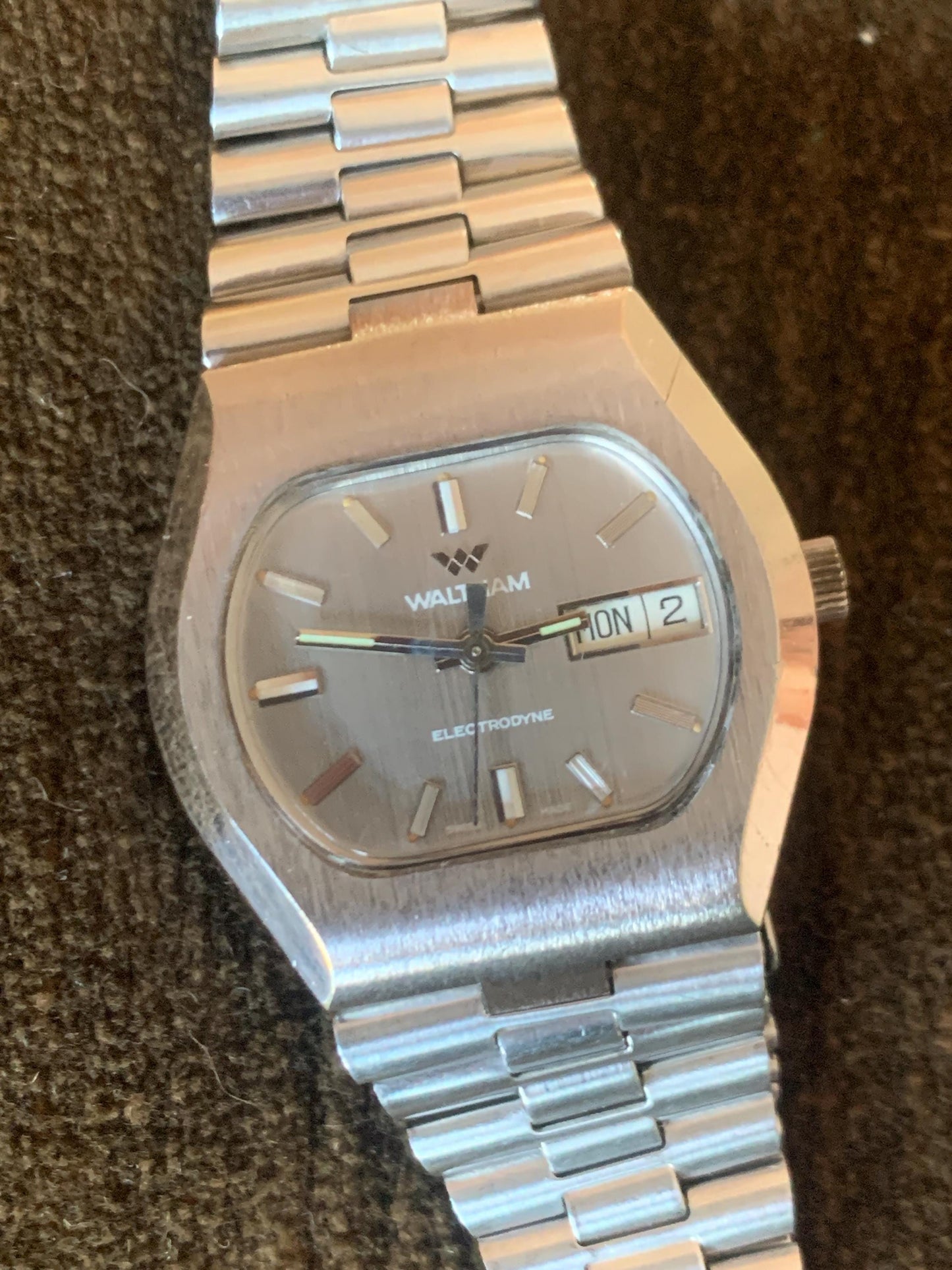 1970s Cool Waltham Electrodyne. TV Style Bezel  and Dial. Silver Tone, Day & Date. Original Bracelet! Heavy, Bold Design. Immaculate.