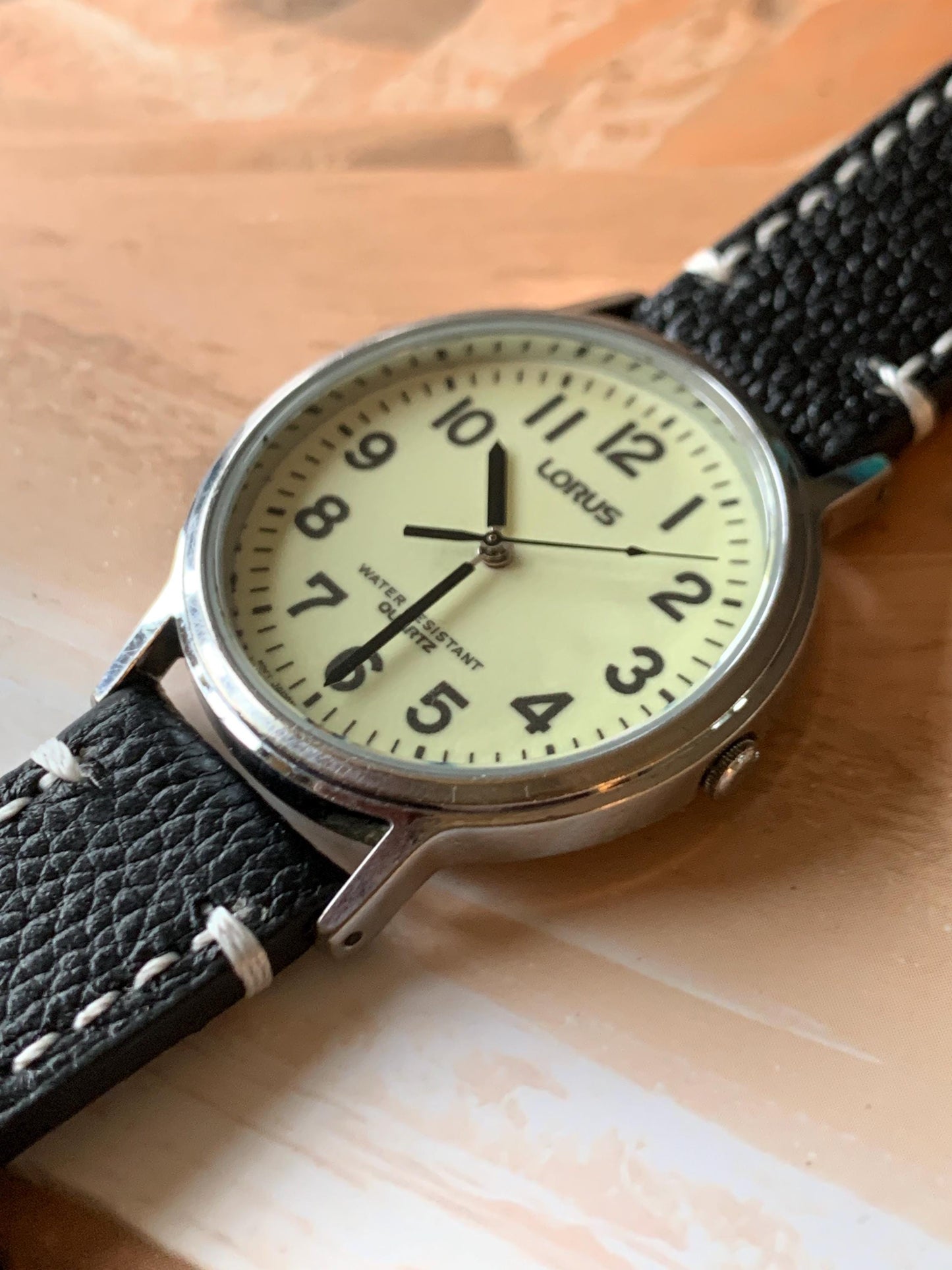 Glow in the Dark Lorus by Seiko Quartz Watch - Silver Tone, Glow in Dark Dial with new black leather Band, New Battery, 1990s, 35mm