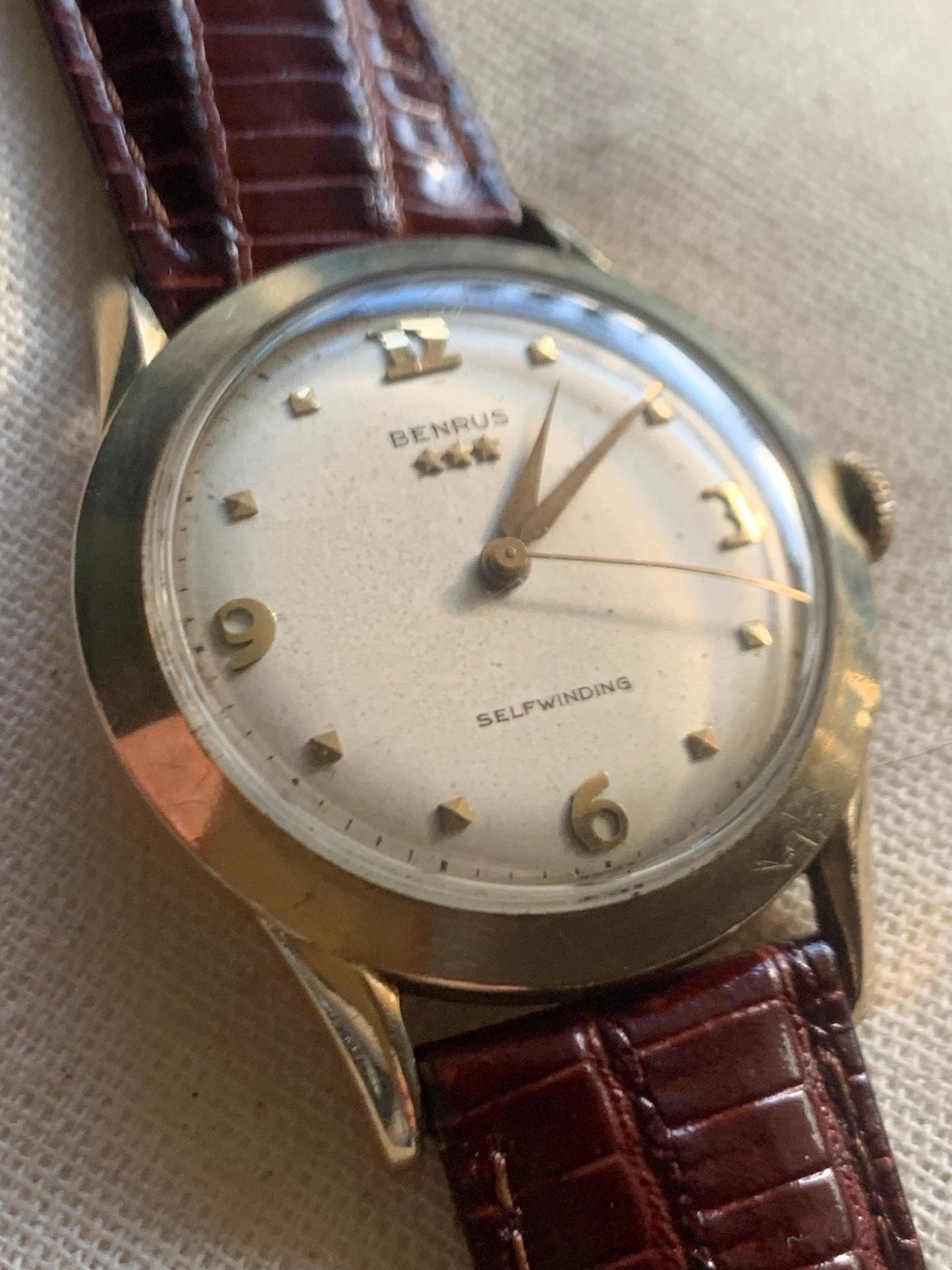 Gold Filled Benrus Three Star Self-winding Automatic Watch. 10K Gold Filled. Good working condition. Nice retro numbers, New Leather Strap.