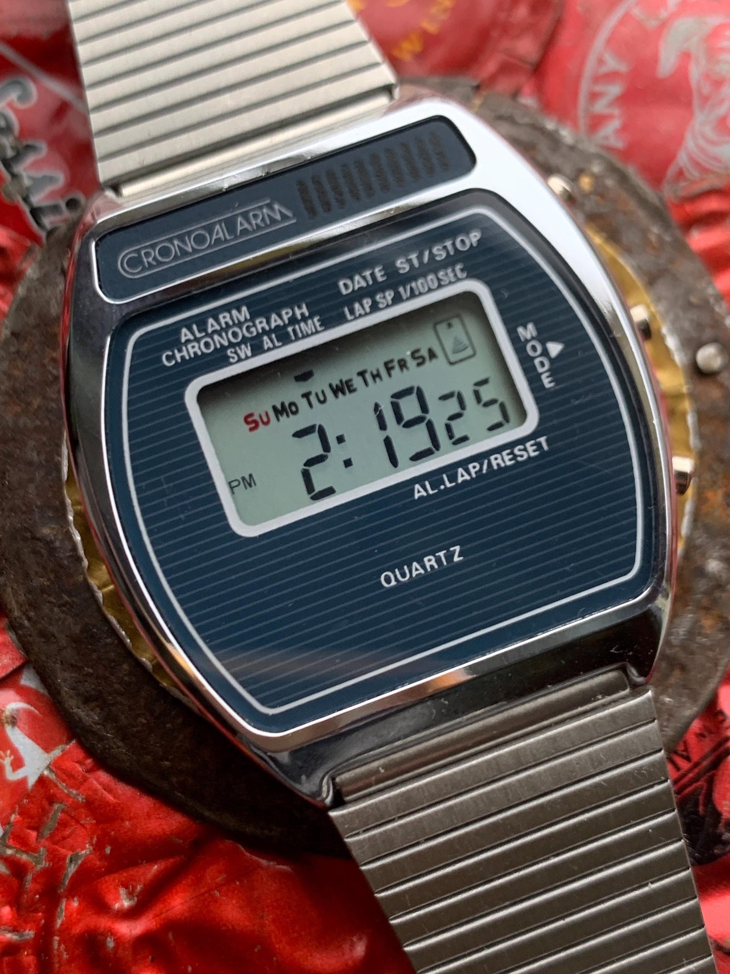 Vintage Cronoalarm Digital Quartz Watch - Pristine Early 1980s Mens LCD. New battery, original adjustable stainless bracelet. Works!