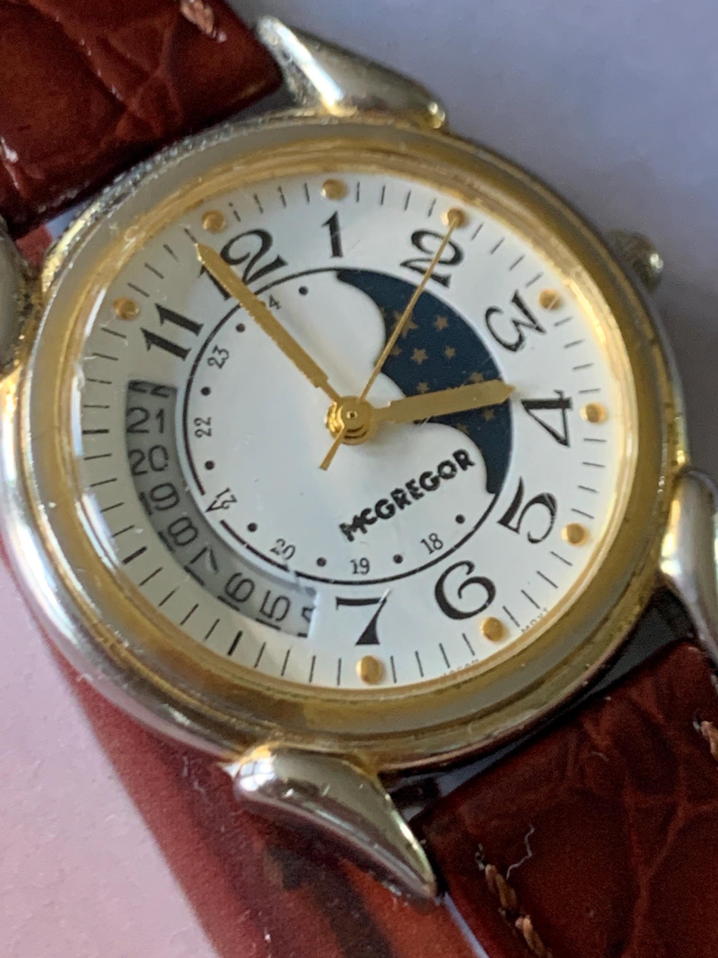 Aged McGregor Moonphase Watch - Cool 90s True Moon Phase Duotone Dial: Shows Age. Side Dial Moon Window. New battery, New leather strap.