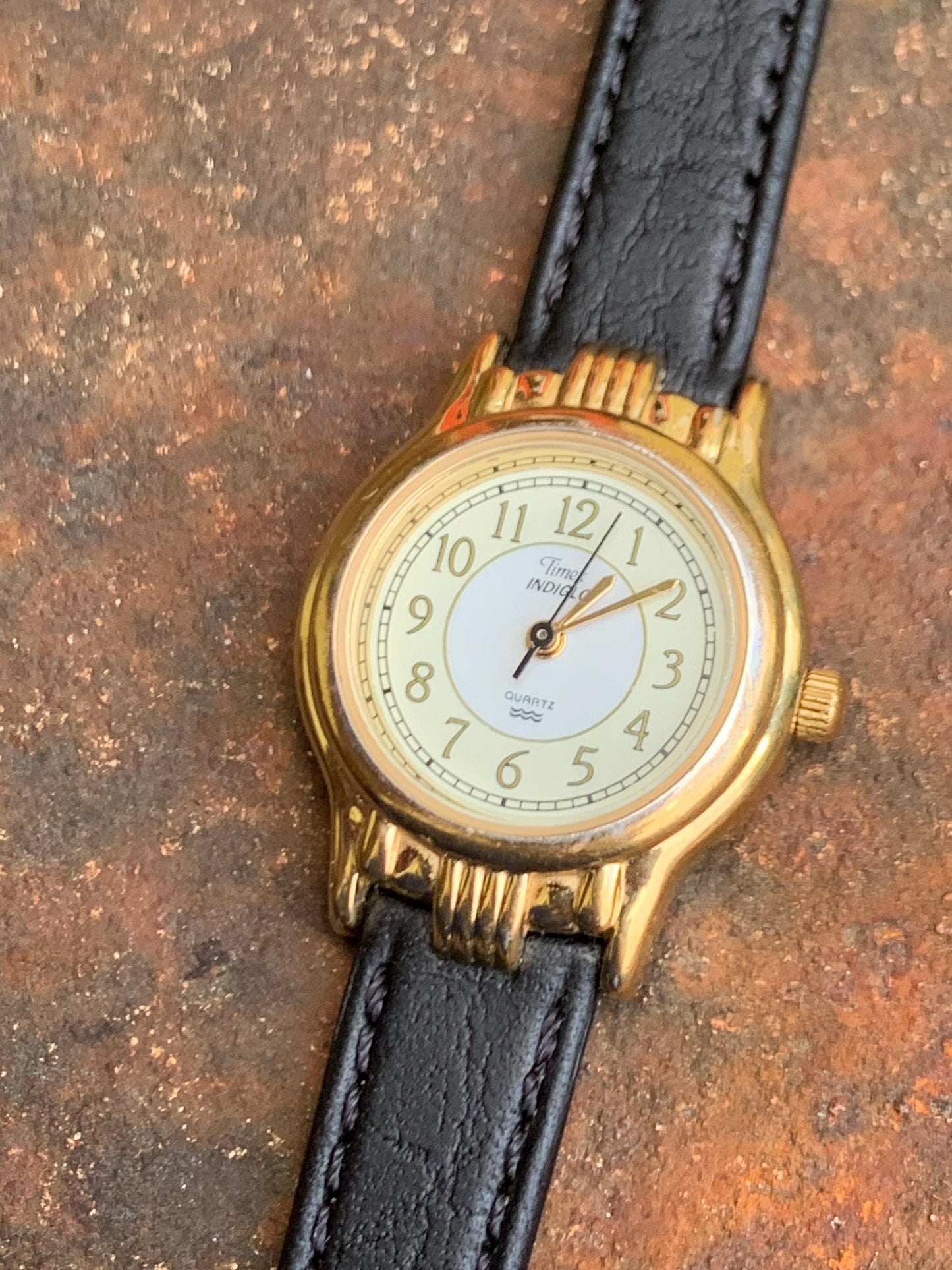Elegant Timex Indiglo Women's Watch - 1998 Classic Two Tone Dial w/Decorative Gold Tone Fancy Lugs and Bezel. Very Good Condition.