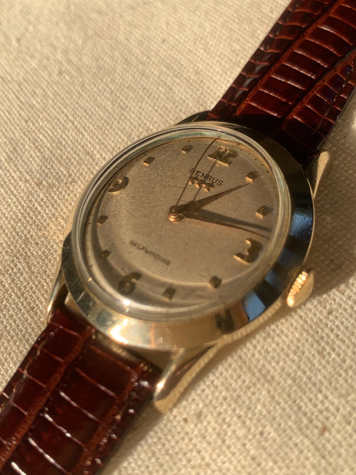 Gold Filled Benrus Three Star Self-winding Automatic Watch. 10K Gold Filled. Good working condition. Nice retro numbers, New Leather Strap.