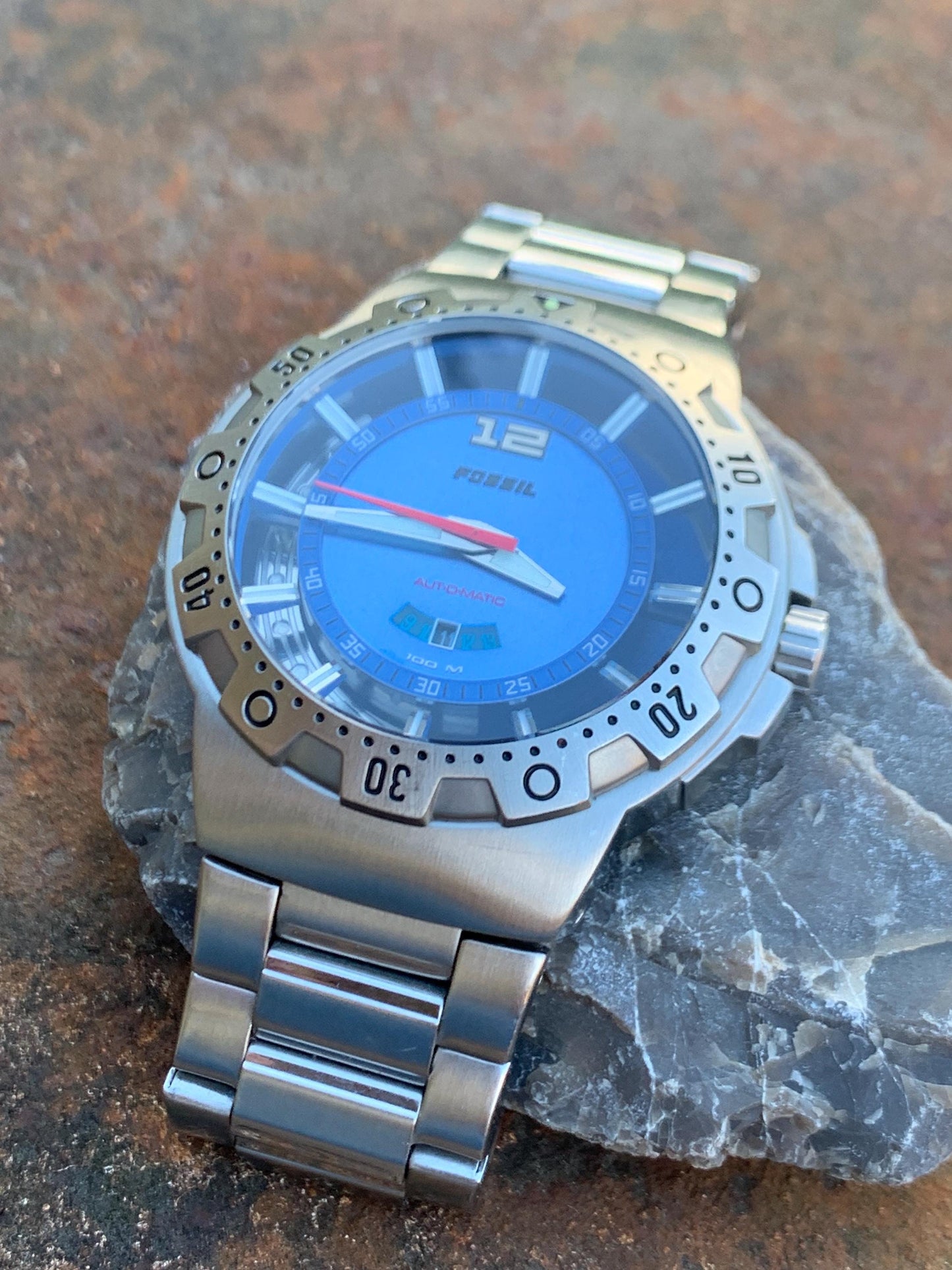 Fossil Blue Automatic 'Poseidon' Watch AM-4028 - Blue Dial, Diver Style w/ Rotating Bezel, Excellent Cond, 42mm.