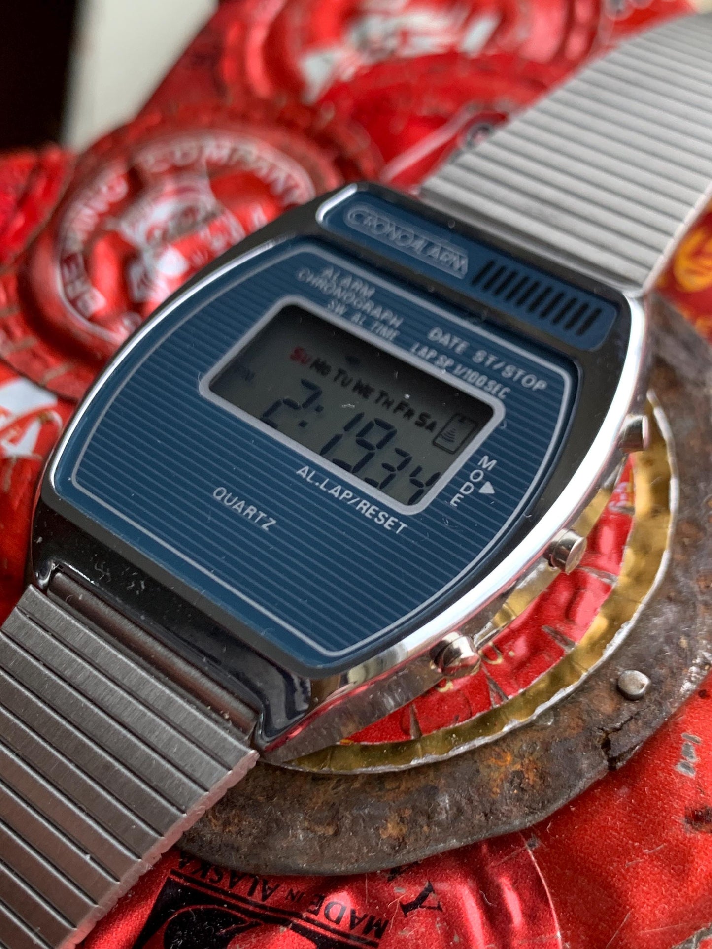 Vintage Cronoalarm Digital Quartz Watch - Pristine Early 1980s Mens LCD. New battery, original adjustable stainless bracelet. Works!