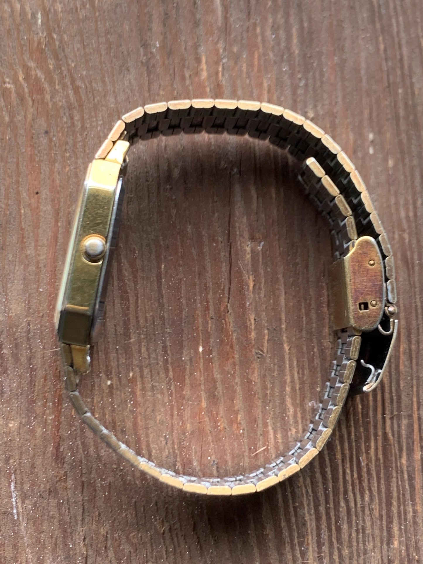 1980s Benrus Quartz Tank Watch - Retro Octagonal Tank Watch with 2-Tone Gold Dial, Gold Case & Integral Original Band. Cool Analog 80s Watch