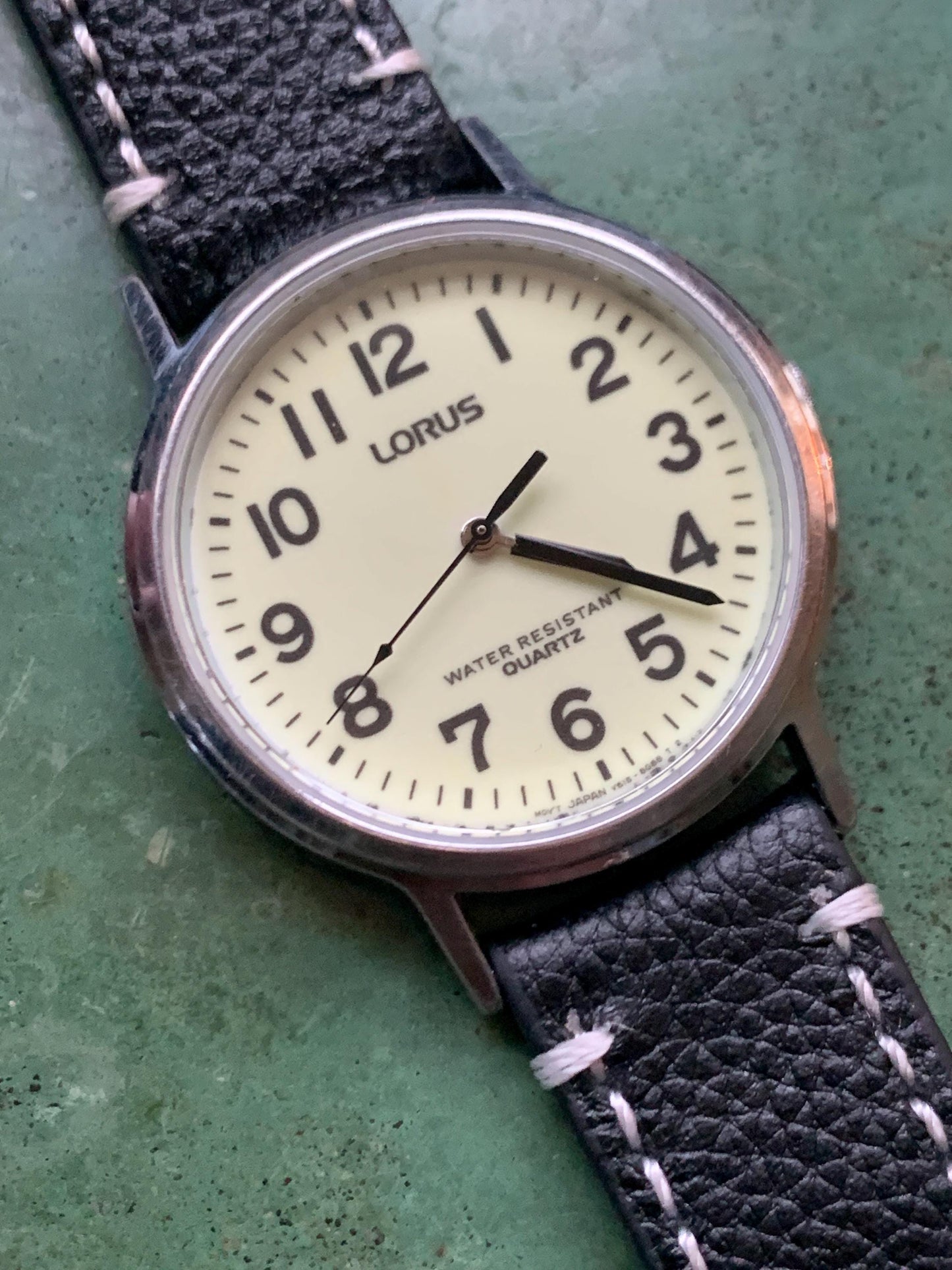 Glow in the Dark Lorus by Seiko Quartz Watch - Silver Tone, Glow in Dark Dial with new black leather Band, New Battery, 1990s, 35mm