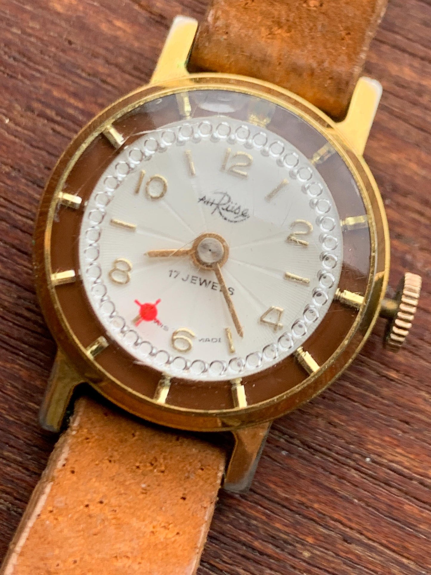 Vintage AH Ruse Ladies Novelty Cocktail Watch - 17 Jewels Swiss Movement Manual Winder, Runs Well. Sparkling Jewel Effects. NOS Leather Band