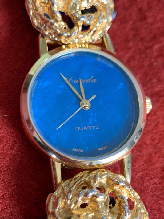 Ladies Cocktail Gemstone Bracelet Watch with Stone Dial. Lapis Lazuli Stone Bracelet with Lucida Stone Dial Watch, New Batt, 1990s Unique