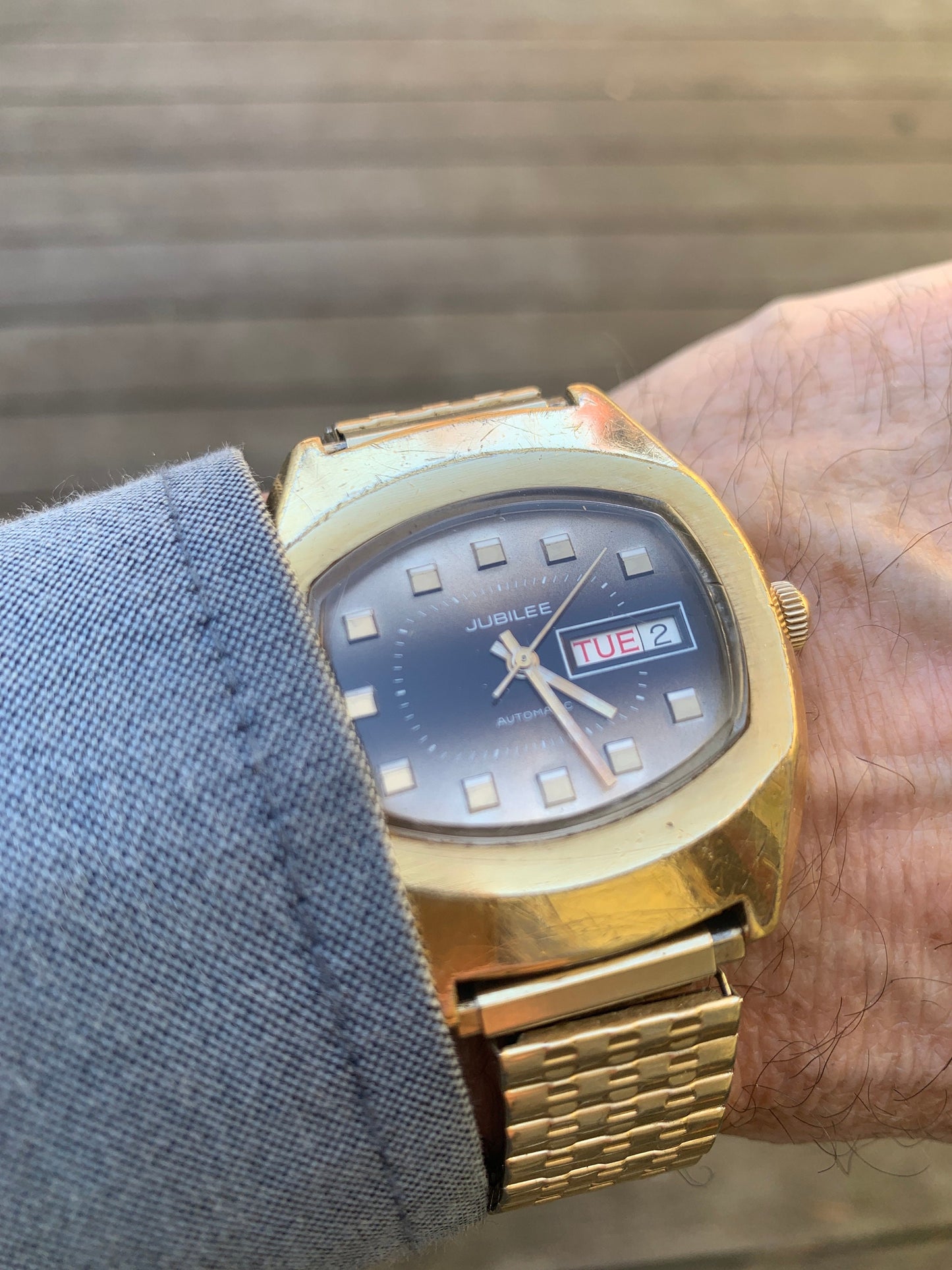 1970s Jublilee Automatic TV Style Watch with Day/Date. Fifty years of loving wear showing here and there. Great crystal, works, keeps time.