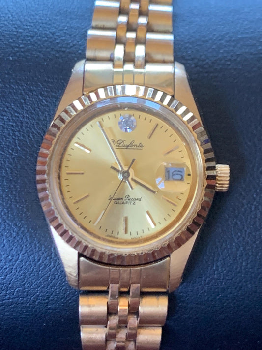 Dufonte by Lucien Piccard Ladies Presidential Watch. Diamond Golden Dial w/date. Gold Tone Case and Bracelet. 7" Wrist or less. New Battery.