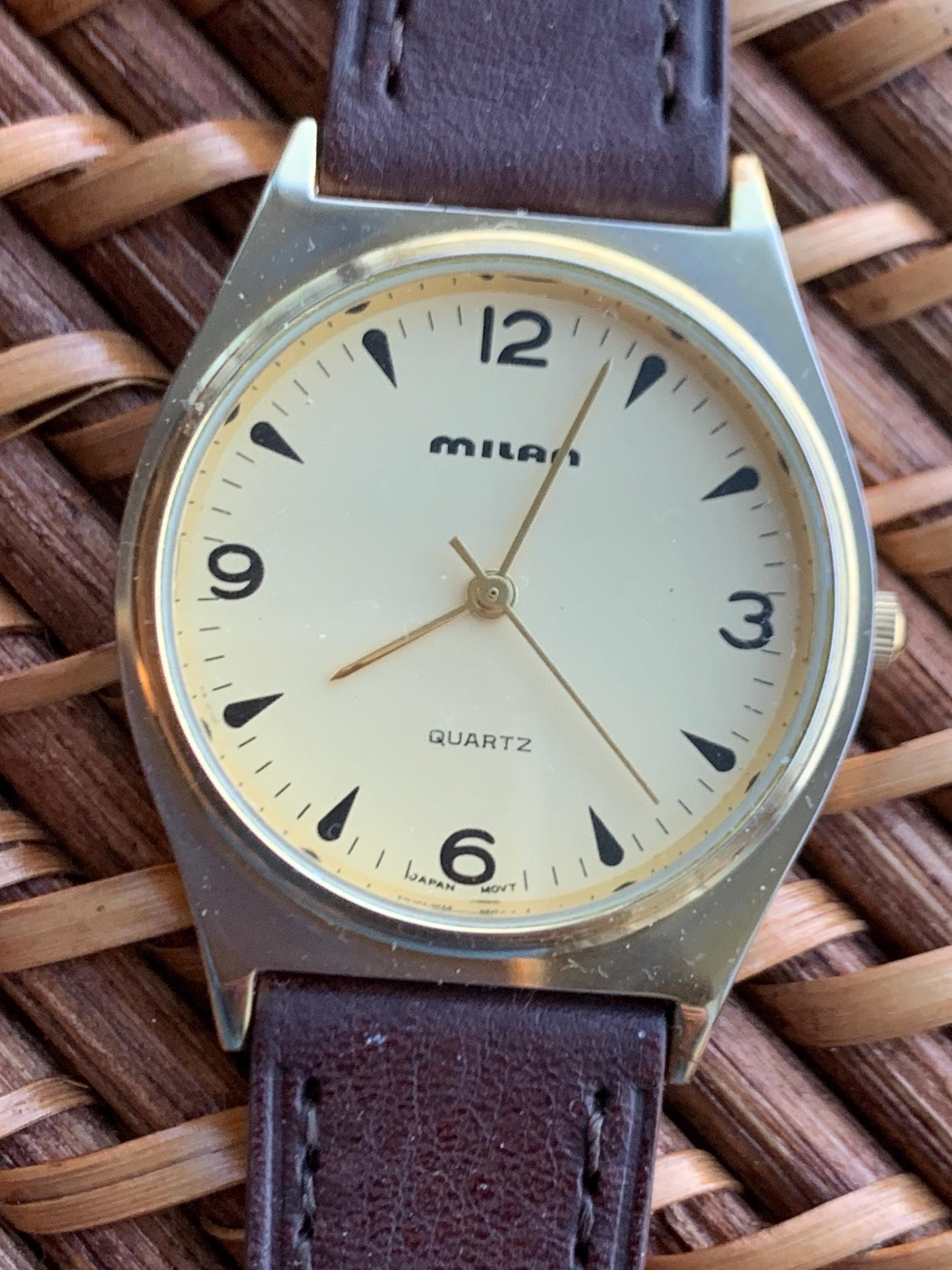1990s Milan Quartz Watch. Super Shiny Gold tone. Retro Vintage. New Leather Band, Gold Dial. Great Retro Modernist Design, New Battery.