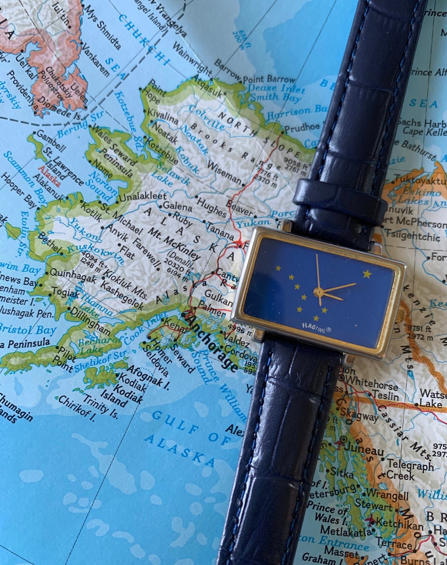 1980s Alaska Flag Watch from Flagtime Watch Co. - Rectangular Blue Dial Quartz watch with Big Dipper and North Star Flag. New Blue Strap.